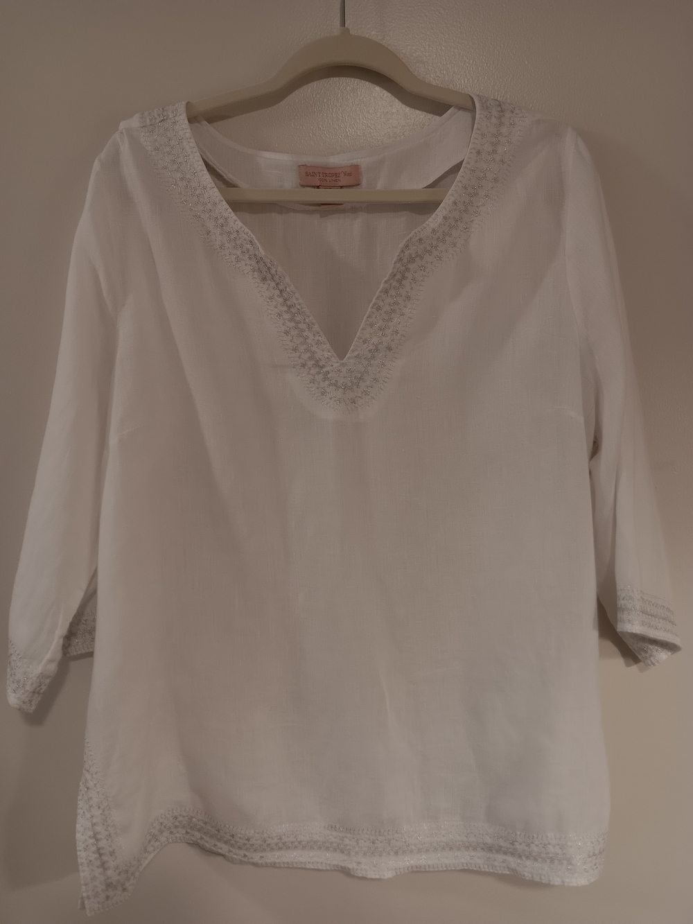 St Tropez West White Embroidered V-Neck Women's Linen Blouse